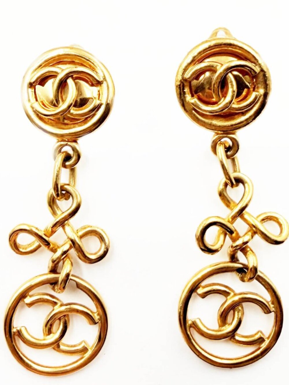 Chanel Vintage Gold Plated Round CC Twisted Cross Long Clip on Earrings